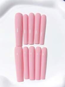 10片超长纯粉色极简法式棺材形自粘美甲贴纸，高品质，简约优雅；美甲用品，DIY美甲，亚克力假指甲；适合节日、派对、日常佩戴；包含1片果冻胶和1个迷你指甲锉。 - 粉色 - 查看 1