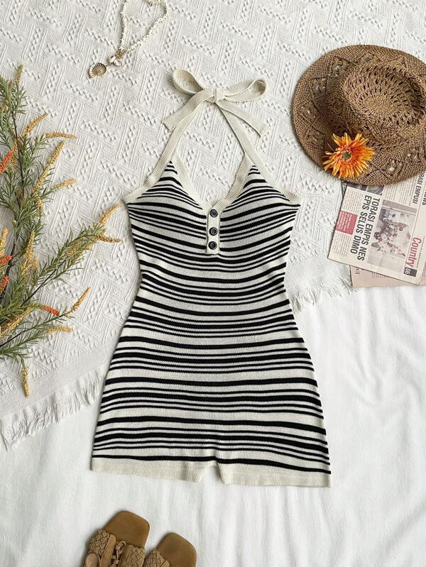 Rusttydustty Striped Knit Halter Romper Button Detail Bodycon Retro Y2K