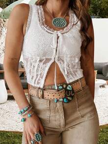 Women Summer Casual Crop Tank Tops Lace Patchwork U-Neck Hook And Eye Sleeveless Shirt Basic Vest Y2K Streetwear - White - View 1