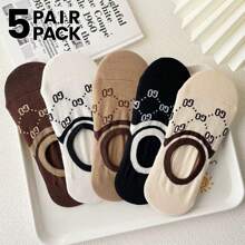 5 Pairs Women's Stripe & Letter Printed French Style Luxury Casual Boat Socks