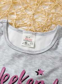 2 Peças/Conjunto Pijama Ajustado para Meninas - Regata com Letra de Gola Redonda e Shorts Listrados, Conjunto de Roupa Íntima Fofo e Confortável, Verão