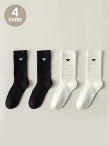 4 Pairs Of Black And White Women's Socks, Support The Arch To Protect The Ankle, Triangle Embroidery Women's Crew Socks For Running Yoga For Casual Sports And Out Wear