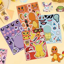 pokemon 8Sheets Pokemon Anime Pikachu Puzzle Stickers Make A Face Children Cartoon DIY Assemble Jigsaw Decoration Decals Kids Party Toys Gift Room Decor Wall Decor Wall Stickers Wall Sticker