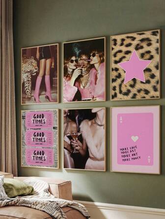 1 件画廊少女印花粉色时尚墙面艺术豹纹杂志封面装饰美学装饰明星海报粉色时髦艺术无框