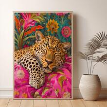 1pc, Canvas Hanging Picture, Framed, Vibrant Lion And Leopard Canvas Poster, Modern Art Wall Decor With Floral And Animal Patterns For Living Room, Bedroom, Bathroom, Home Office - Stylish Interior Home Decor, Room Decor
