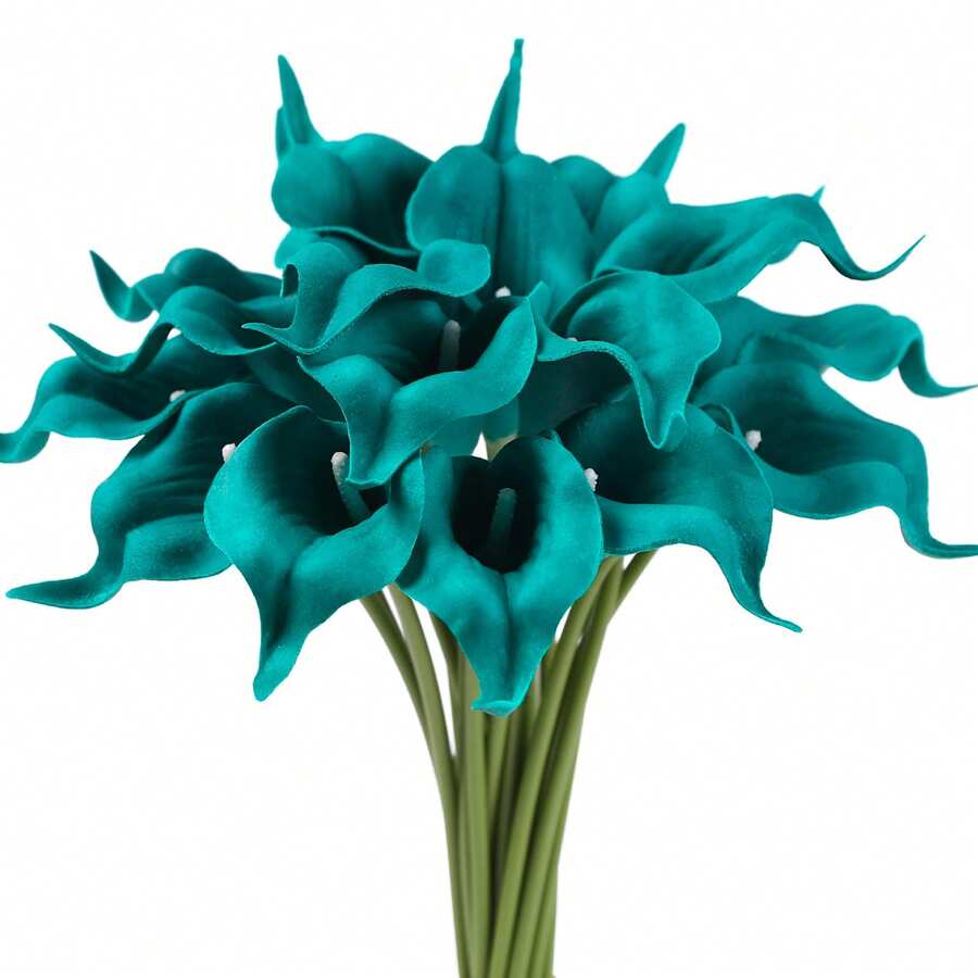 MEHELANY 12pcs/6pcs/1set Turquoise Artificial Calla Lily Flowers, 40cm, PU Material, Fake Flowers, Calla Lily Bouquet, Suitable For Home, Wedding, Indoor/Outdoor Decor, Garden, Party, Boho Style, Holiday, Mother's Day, Birthday Gifts - Blue - View 1