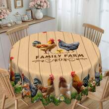 1pc Farmhouse Rooster & Floral Polyester Tablecloth - Round/Rectangle, Embossed Floral Trim, Vibrant Spring/Summer Design, Suitable For Picnics, Dinner Parties, Kitchen & Dining Room Decor, Country Farmhouse Decor, Multiple Sizes Available