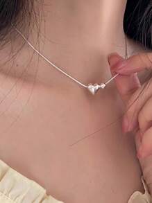 1 pieza de collar con colgante de plata de ley 925 con diseño de corazón y cuenta pequeña y redonda, accesorio de moda y adorable para uso diario y fiestas de mujeres