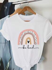 Damen "Be Kind" Regenbogen Grafik T-Shirt - Sanfte Pastellfarben, positive Botschaft, lässiges T-Shirt