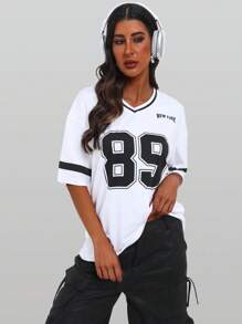 Locker geschnittenes V-Ausschnitt Oversized T-Shirt mit NEW YORK Aufdruck in Englisch und Zahlen Grafik Oberteile für Frauen