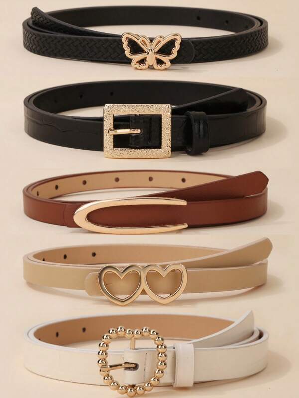 5pcs/Set Ladies' Adjustable Belts, Black & White Faux Leather With Butterfly And Heart-Shaped Alloy Buckles, Elegant High-End Design, Versatile For Casual, Work, Gift Summer, School Fall, Autumn, Halloween