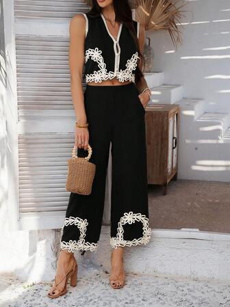 PoPoHouse 女式两件套假日波西米亚风复古风格刺绣蕾丝无袖背心阔腿裤套装