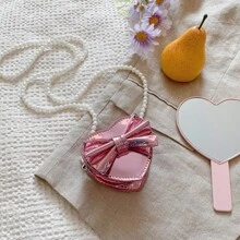 Holographic Pearl Strap Crossbody Bag With Bow & Heart Design, Girls Shoulder Bag