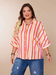 Casual Striped Shirt, Classic Single-Breasted, Drop Shoulder, Turn-Down Collar, Side Split Hem, Loose Fit, Summer Apparel, Plus Size Women