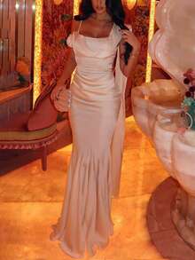 时尚性感简约缎面露背紧身吊带裙 - 白色 - 查看 4