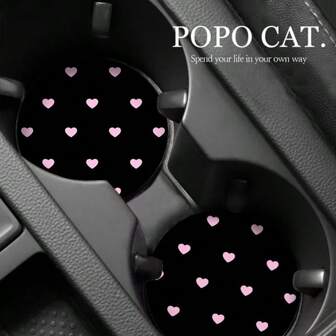 2pcs Black Heart Shaped Minimalist Car Cup Holder Mats, Non-Slip Slot Storage Pads, Car Interior Decor