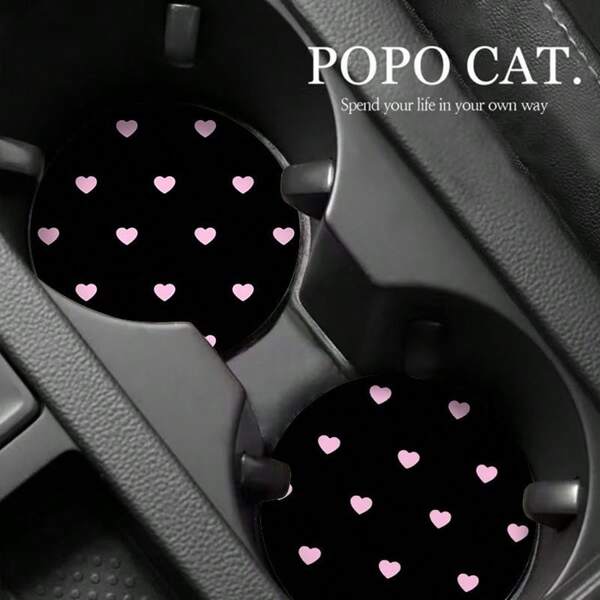 2pcs Black Heart Shaped Minimalist Car Cup Holder Mats, Non-Slip Slot Storage Pads, Car Interior Decor