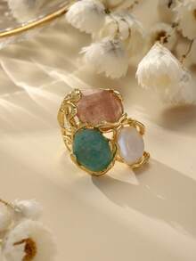 Cring Coco Adjustable Stainless Steel Women's Ring With Large Crystal & Pearl Design - Luxury Vintage Boho Style For High-End Party - Geometry - View 3