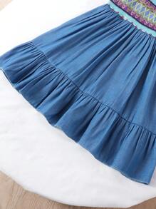 Summer Girls Casual Simple Fashion, Colorblock Geometric Pattern Denim Effect Strap Dress, Suitable For Play And Vacation