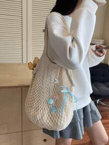 Large Capacity Bow & Ocean Element Decor Mesh Woven Tote Bag For Women, New Hollow Out Weaved Shoulder Handbag For Beach, Summer Vacation