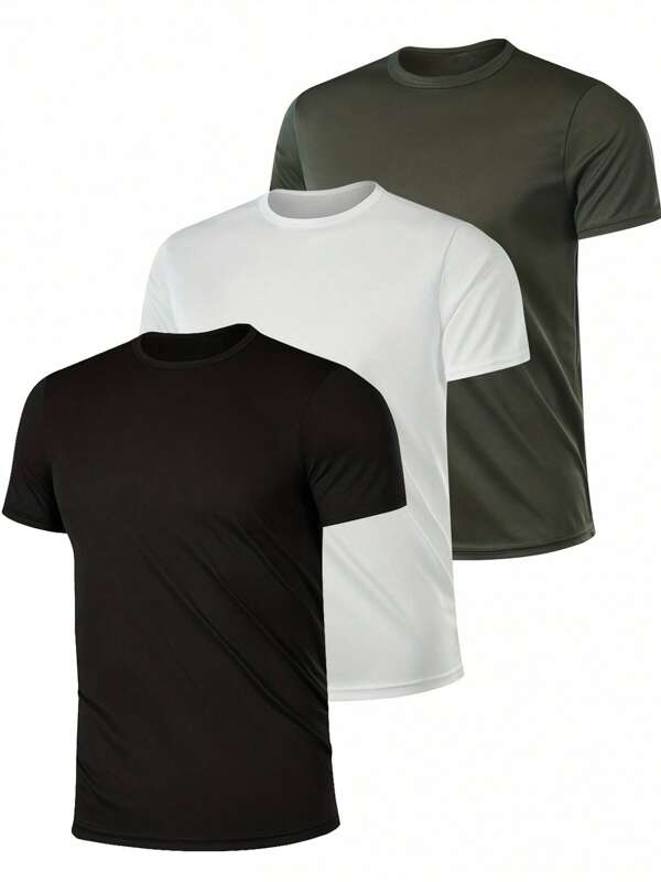 3pcs Men's Premium Solid Color Crew Neck T-Shirts - Ultra-Breathable, Quick-Drying, Moisture-Wicking With Slight Stretch For Comfort - Ideal For Summer Workouts, Running, Gym & Casual Attire In Black, Gray, Olive Green