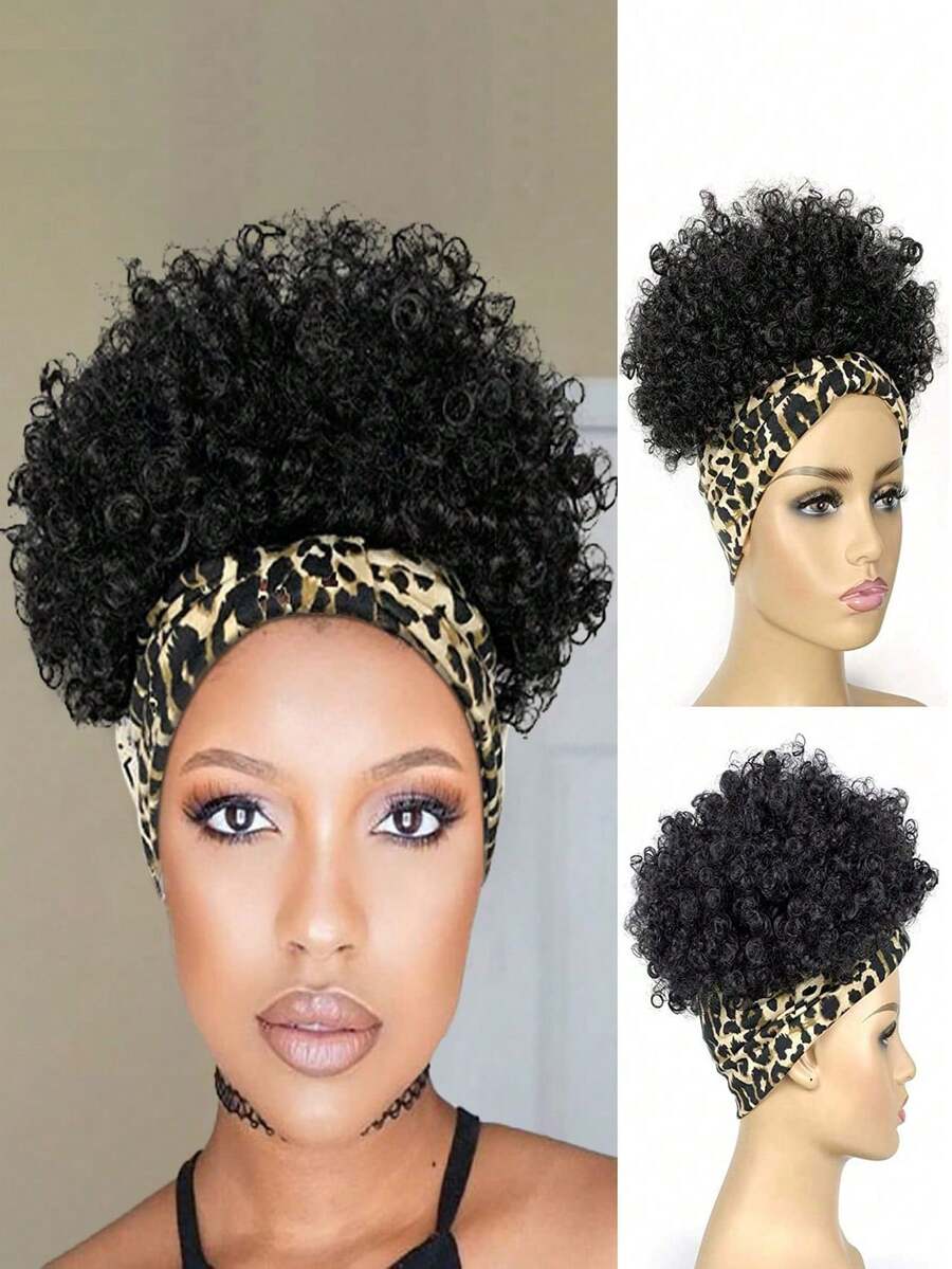 Curly Wigs  Headband Wig Half  Short Black Wig With Headband Attached Scarf Wigs With Stripe Turban Wrap Wig Short Kinky Deep Jerry Curly Hair Synthetic Wigs - 黑色 - 查看 1