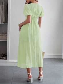 PoPoHouse Women's Solid Color Elegant V-Neck Puff Sleeve Dress, Suitable For Vacation Outfit, Spring/Summer - Green - View 2