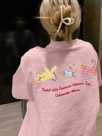 重磅卡通猫咪印花短袖T恤女款，美式复古风，时尚品牌，夏季