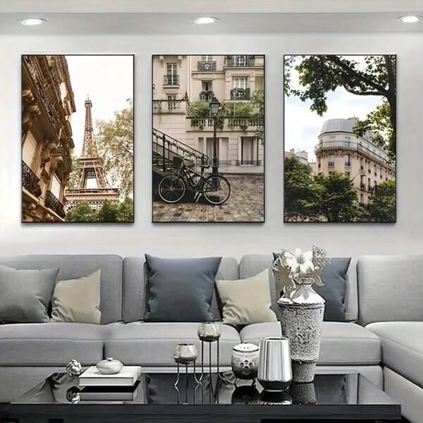 3 pièces Art mural imprimés sur canevas Paysage bohème et Architecture de ville nordique - Affiches verticales modernes minimalistes sans cadre pour salon, chambre, bureau, café - Décoration d'été/automne, cadeau idéal, décoration murale, décoration de bureau, décoration de la maison