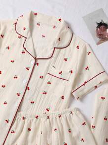 3pcs/Set Bubble Textured Cherry Print Sleepwear Set For Women - Short Sleeve Button Collar Top And Shorts And Pants