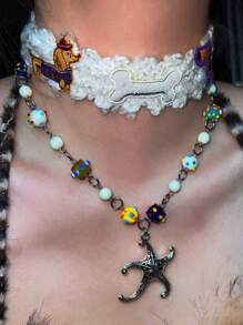 1pc Colorful Beaded Starfish Pendant Necklace, Simple Design, Fashionable Chic Ladies Summer Beach Style