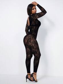 Women's High Stretch Long Sleeve Hollow Floral Pattern Skinny Jumpsuit - Black - View 5