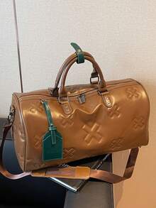 1pc Fashionable & Versatile Large Capacity Solid Color PU Leather Embossed Thick Padded Travel Bag, With Contrast Color Luggage Tag Pendant Design, Suitable For Men And Women, Ideal For Leisure Travel, Business Trip And Back To School, Can Hold School Supplies And Accessories - Multicolor - View 14