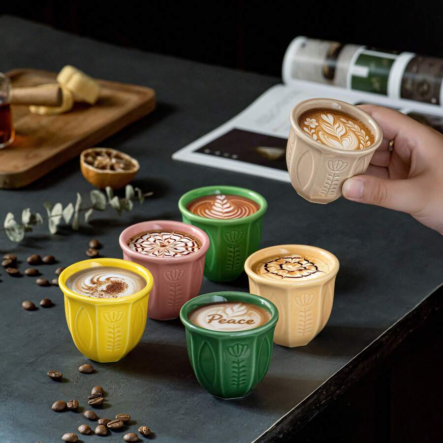 6pcs/Set Embossed Ceramic Tulip Cups (100ml) - Arabic Style Matcha And Coffee Cups, Suitable For Eid Al-Adha