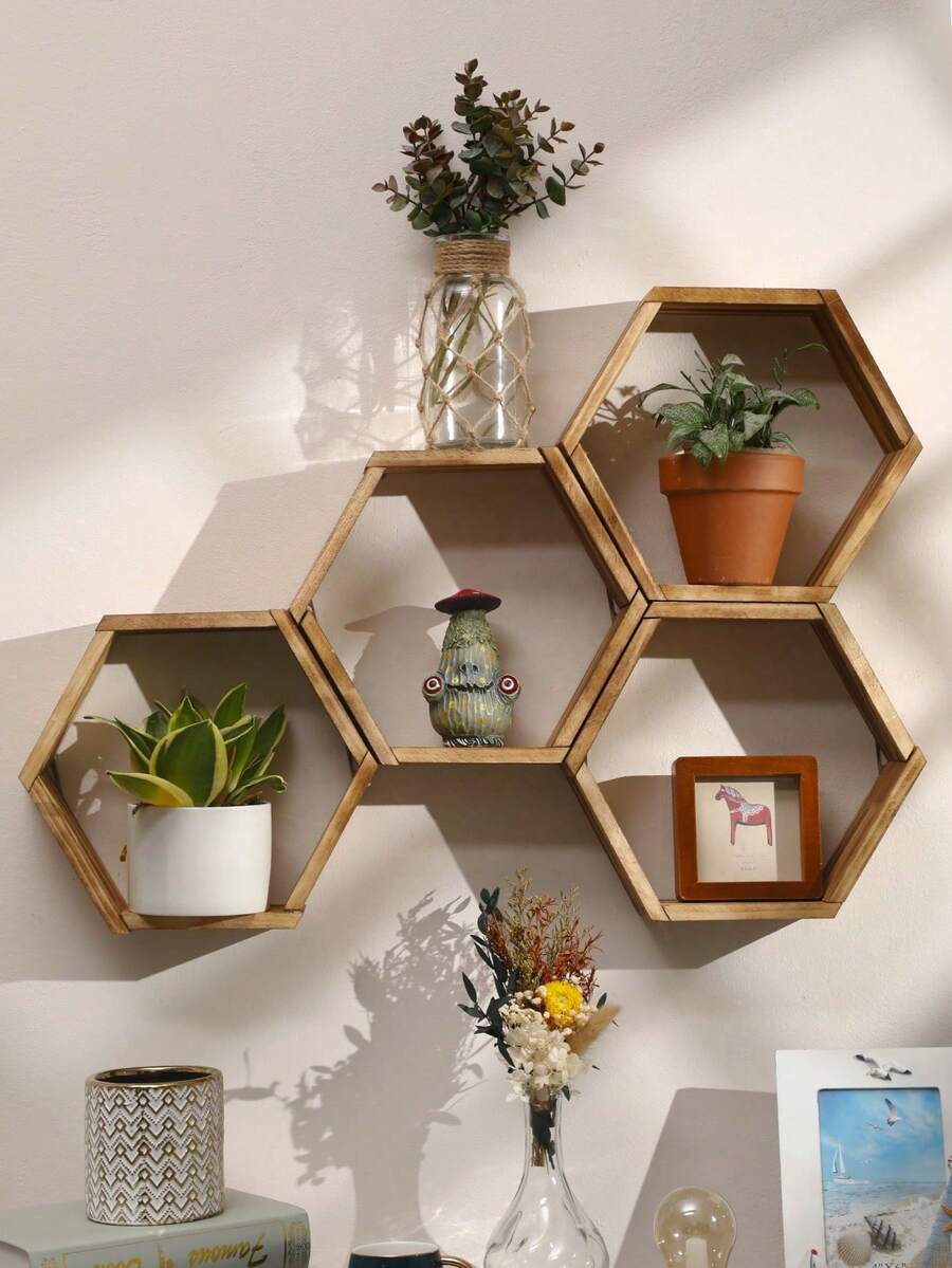 1 pieza Estantería flotante de pared estilo rústico bohemio en forma de hexágono, estantería de exhibición de plantas en panal y librería, estantería de almacenamiento colgante con gancho invisible, adecuada para sala de estar, dormitorio y entrada, estantería de exhibición colgante de estilo granja para plantas, decoración y libros