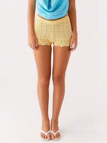 Women Knit Shorts, Elastic Waist Hollowed Solid Slim Fit Summer Shorts Casual Shorts - Màu vàng - Xem 2