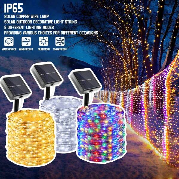 1 pièce Lumière argentée à plaque de lithium solaire, guirlande solaire de fée à 50/100/200/300/400 LED, étanche pour l'extérieur, 8 modes d'éclairage clignotant pour balcon, jardin, patio, fête extérieure, camping, décoration de fête (blanc chaud, blanc, couleur) Applicable pour Halloween, Noël, Thanksgiving, Remise des diplômes