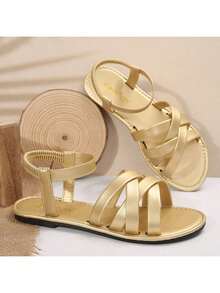 大码女式露趾交叉绑带舒适简约闪亮松紧带平底皮革拖鞋金色凉鞋，夏季休闲时尚户外沙滩鞋 - 金色 - 查看 5