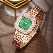 Relógio feminino em ouro rosa, material de liga, mostrador verde, com decoração de folha verde