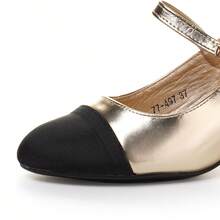 Elegant Mid-Block Heel Closed Toe Slingback Pumps For Women – Retro Chic Style With Adjustable Strap For Office Or Daily Wear - Gold - View 2