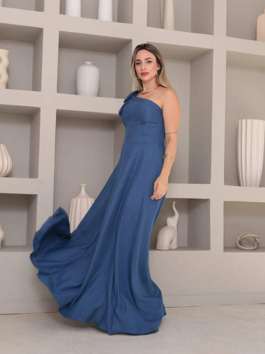 Victoria Long Luxury Dress Plain Duna Linen With Bow One Shoulder - Neblina azul - Ver 1