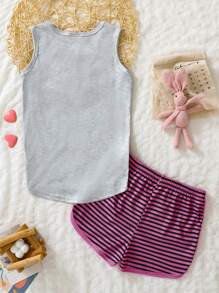 2 Peças/Conjunto Pijama Ajustado para Meninas - Regata com Letra de Gola Redonda e Shorts Listrados, Conjunto de Roupa Íntima Fofo e Confortável, Verão