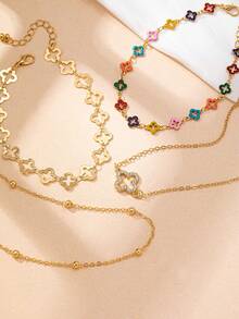 4件套优雅珐琅四叶草吊坠，镶嵌水钻，适合女士日常及度假装扮，可叠戴于脚链上 - 金黃色 - 查看 7