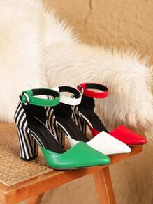Elegant Women's High Heels - Fashionable Pointed Toe Dress Shoes With Ankle Strap, Suitable For Wedding And Party, Contrast Color High Heels With Striped Zebra Pattern, PU Leather, Party Wear