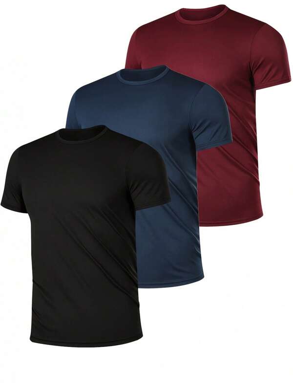 3pcs Men's Premium Solid Color Crew Neck T-Shirts - Ultra-Breathable, Quick-Drying, Moisture-Wicking With Slight Stretch For Comfort - Ideal For Summer Workouts, Running, Gym & Casual Attire In Black, Gray, Olive Green