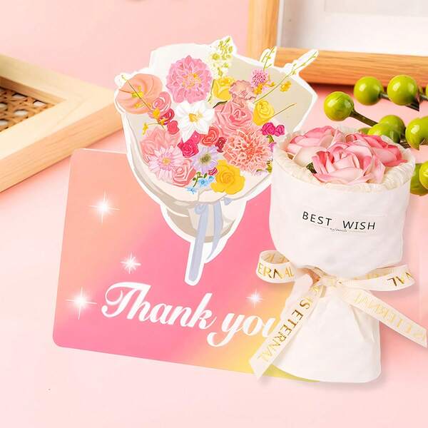 1pc Gorgeous Everlasting Flower Bouquet Thank You Card Set, Suitable For Various Occasions: Valentine's Day, Mother's Day, Father's Day, Teacher's Day, Christmas, Graduation Party, Birthday Party, Wedding, Great Gift For Students, Teachers, Family, Colleagues