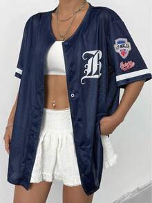 Women's Mesh Printed Open Front Short Sleeve Athletic T-Shirt - Navy Blue - View 6