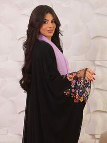Hafizah Áo khoác cardigan dài mới cho phụ nữ Hồi giáo, áo choàng hở phía trước, thiết kế thêu hoa, áo choàng đen thanh lịch, phù hợp cho mùa xuân và mùa hè - màu đen - Xem 4