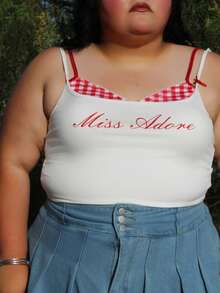 Karlangas.Toledo Plus Size Red Plaid Patchwork 2 In 1 Lapel Letter Print Cami Top, For Summer, For Apple Rounded Body Shape - Multicolor - View 6