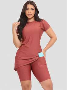 Women's Fitness Set Evangelical Fashion With Pocket Workout Clothes Dress+Shorts - 巴西莓 - 查看 3